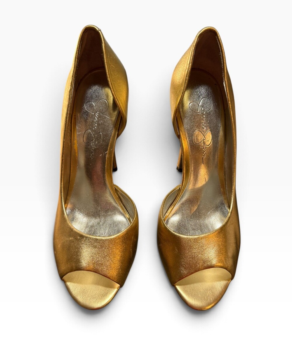 Jessica Simpson Women's Gold Leather Peep Toe Stiletto Heels Size 6.5M